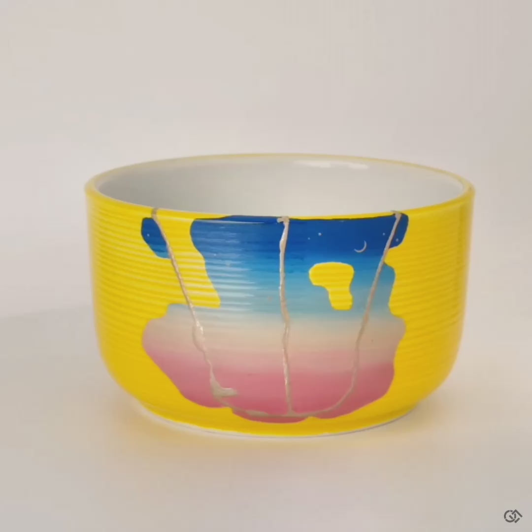 Witness the silver and colored urushi kintsugi seams in motion. This conscious luxury object is expertly repaired and available.