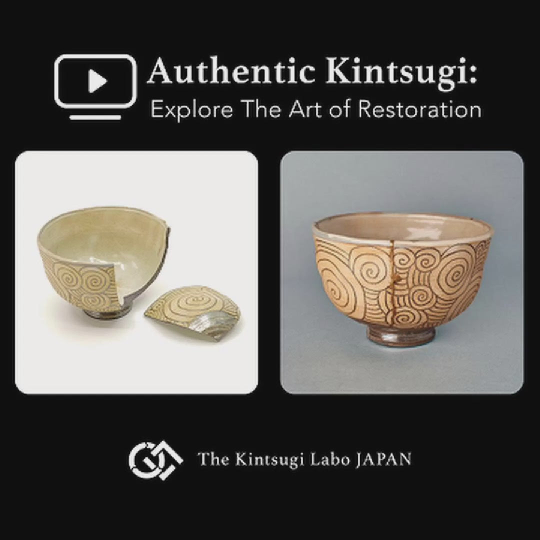The restoration story of the kintsugi bowl, natural urushi and 24K gold applied by hand, the art of revival in close view.