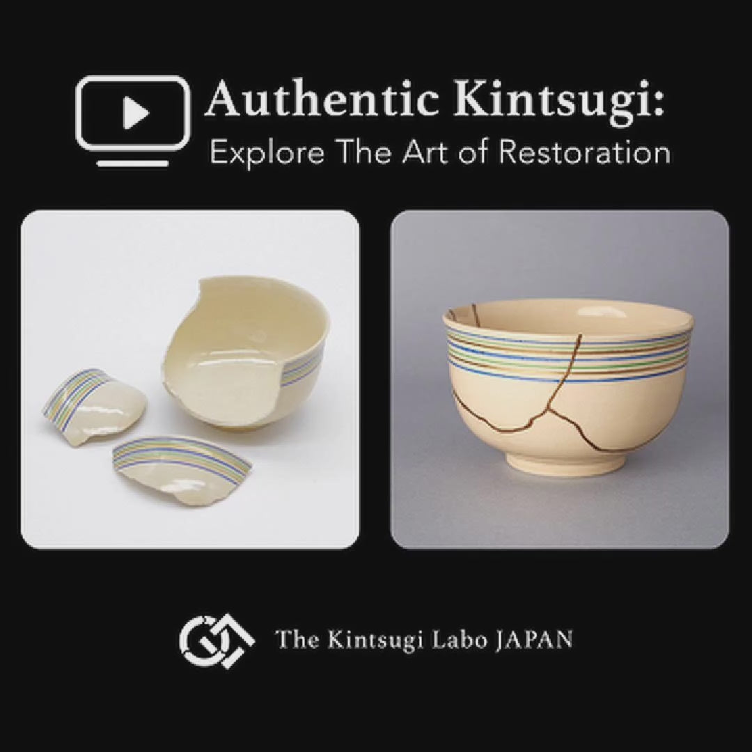 Restoration story video of the Kyoto ware kintsugi cup, following the cream earthenware as its breaks are rejoined with natural urushi and finished in 24K gold.