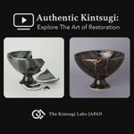 A lacquer artist restoring an Arita ware footed bowl with 100% natural urushi and 24K gold, showing the kintsugi process in the studio from broken vessel to gold-finished seam.