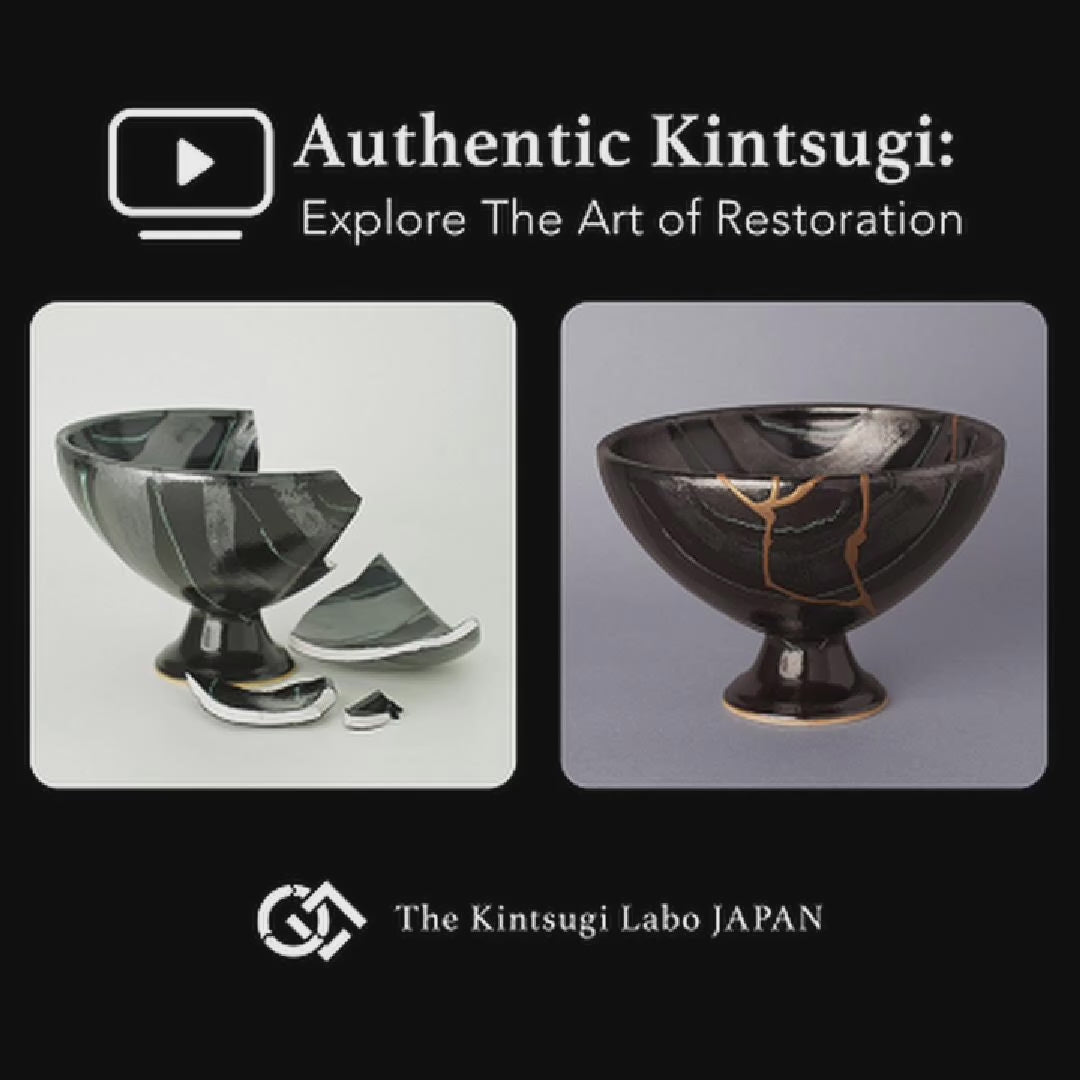 A lacquer artist restoring an Arita ware footed bowl with 100% natural urushi and 24K gold, showing the kintsugi process in the studio from broken vessel to gold-finished seam.