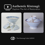 Work-scene video of an Arita lidded bowl being restored by kintsugi with natural urushi, 24K gold and green colored urushi in the studio.