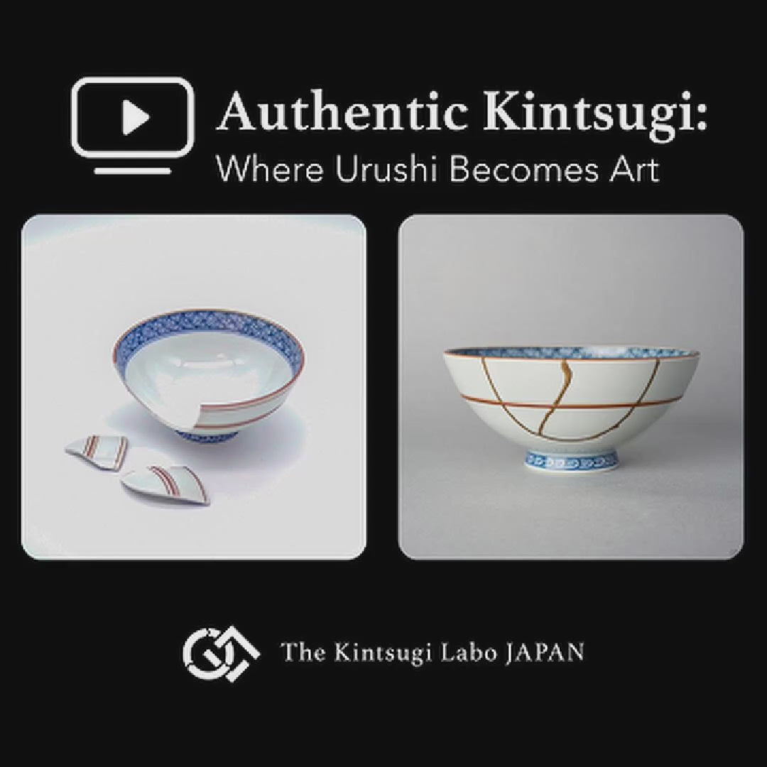 Restoration story video for a Kyoto ware porcelain rice bowl: the kintsugi process in 100% natural urushi finished with 24K gold over roughly four months.