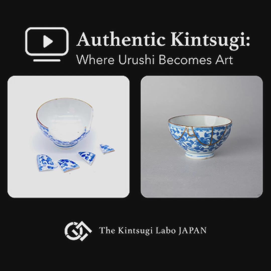 Restoration story video for an Edo-period Ko-Imari sake cup: the kintsugi process in 100% natural urushi finished with 24K gold over about four months.
