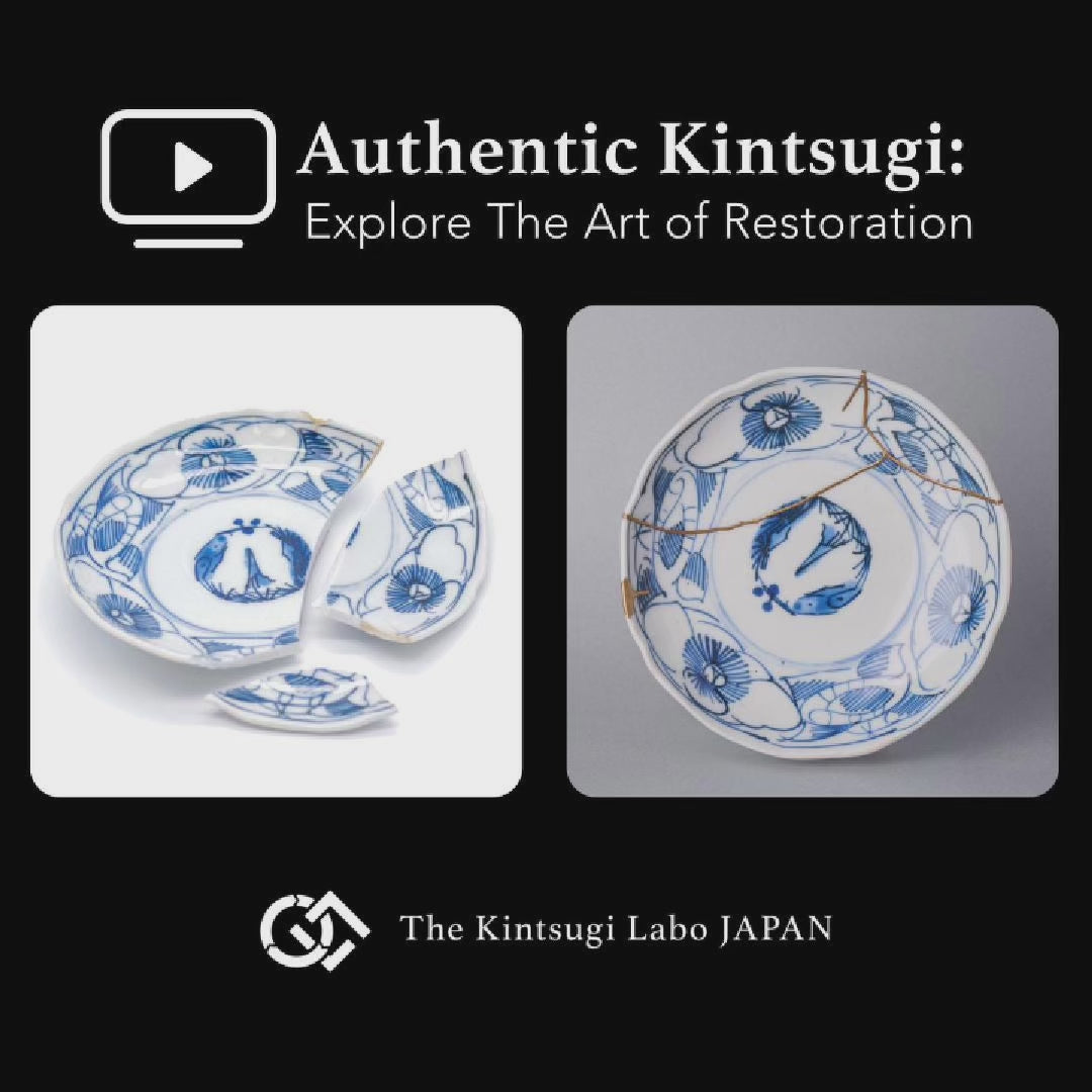 Work-scene video of a Ko-Imari sometsuke plate being restored by kintsugi with natural urushi and 24K gold in the studio.