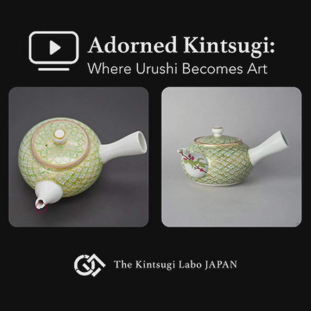 A lacquer artist restoring a Kyoto ware teapot with natural urushi and 24K gold, showing the kintsugi process in the studio.
