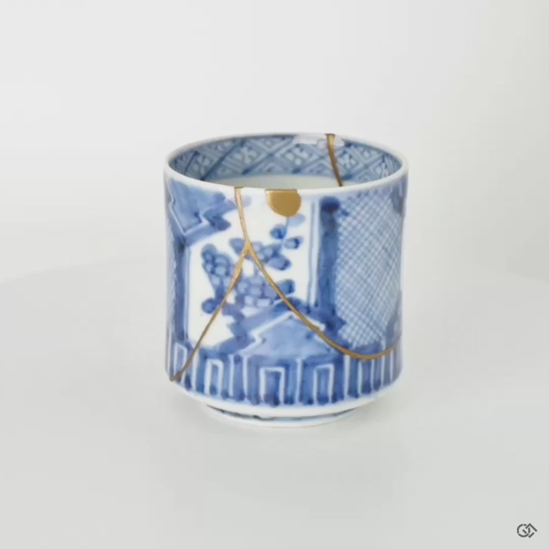 Video preview of the Ko-Imari sake cup rotating, showing the full sweep of the 24K gold kintsugi, a treasured heirloom.