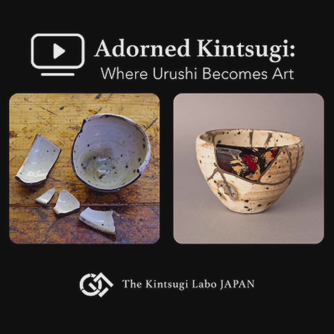 Before and after restoration story of a kintsugi Shigaraki cup, broken earthenware transformed through natural urushi lacquer, pure silver, and urushi-e painting by a master artisan.