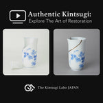 Work-scene video of an Arita porcelain sake cup restored by kintsugi, natural urushi rejoining the broken rim before the seam is finished in 24K gold.