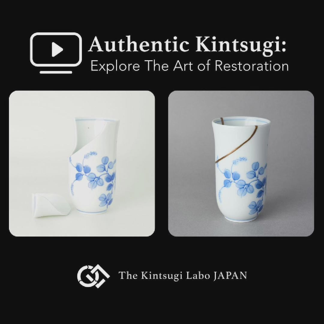 Work-scene video of an Arita porcelain sake cup restored by kintsugi, natural urushi rejoining the broken rim before the seam is finished in 24K gold.