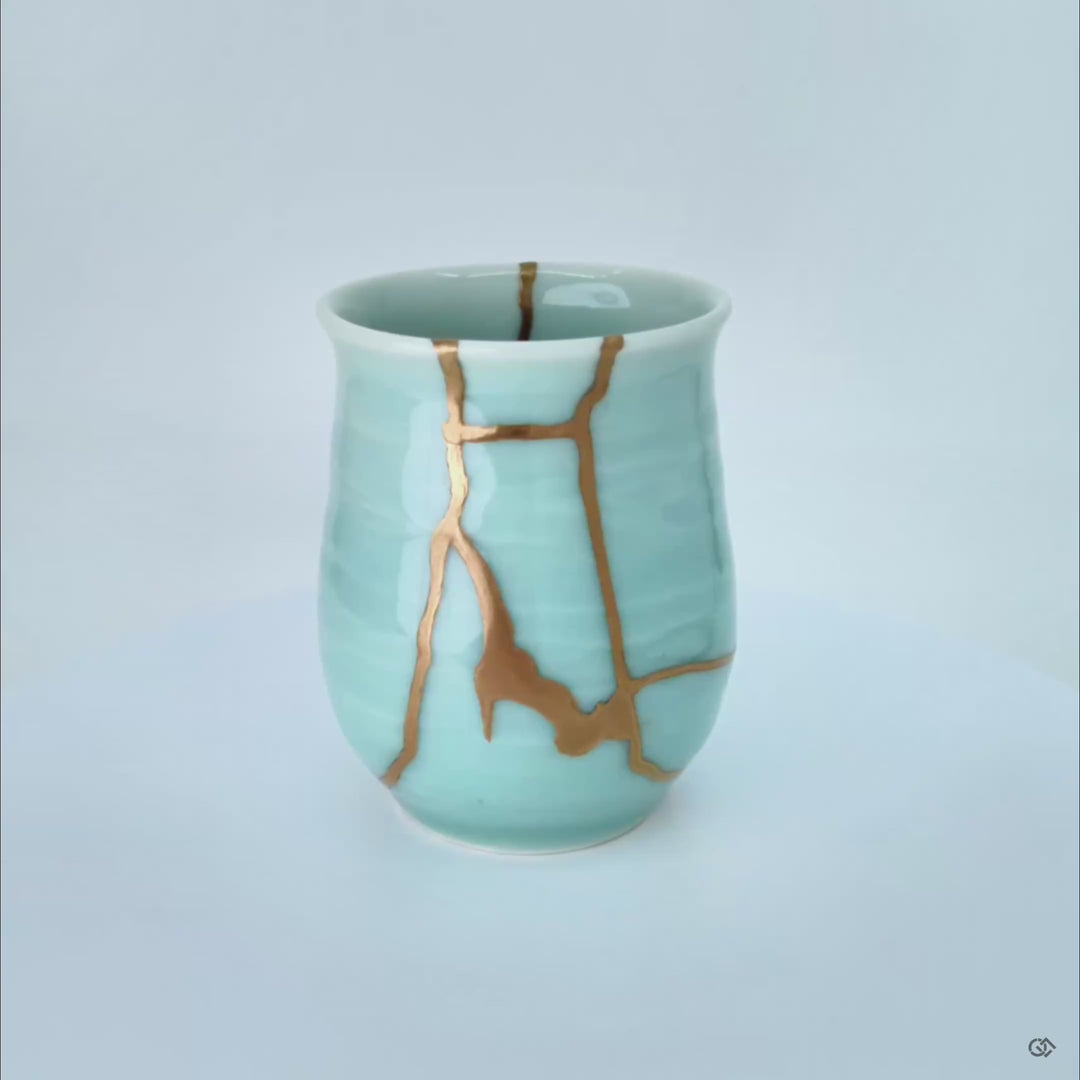 A 360° spin of a handcrafted cup from Nabeshima ware: joined with pure 24k gold kintsugi; celebrating imperfection with grace.