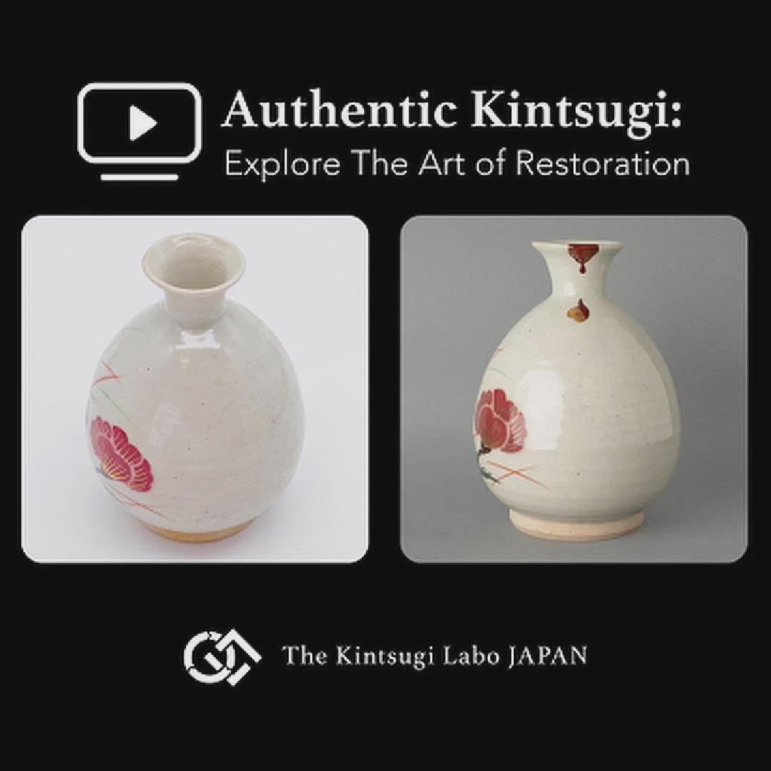 Restoration story of Kyoto tokkuri with iro-urushitsugi kintsugi and gold maki-e, from broken to beautiful.