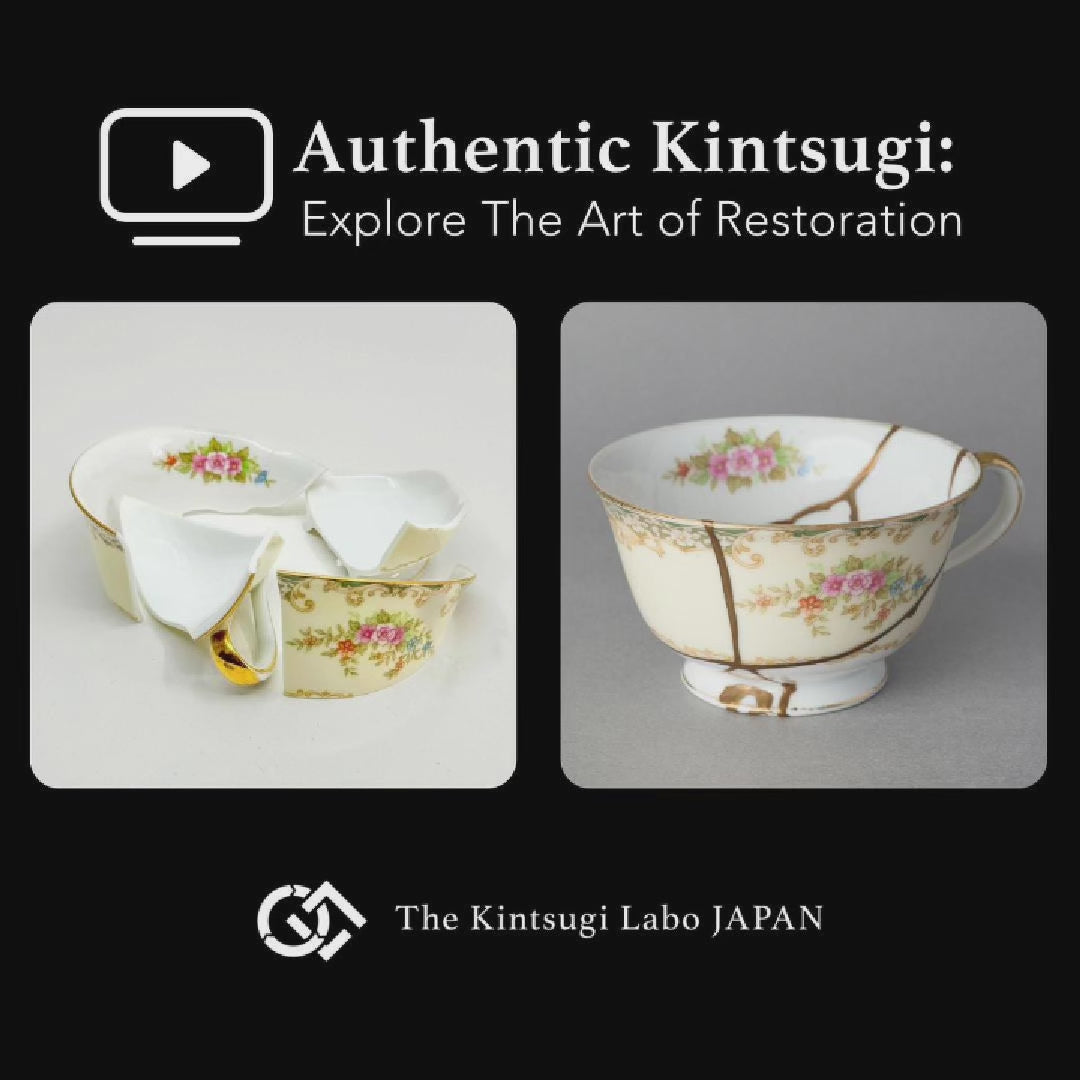 Work-scene video of an Early Noritake tea cup being restored by kintsugi with natural urushi and 24K gold in the studio, from fragments to finished seams.