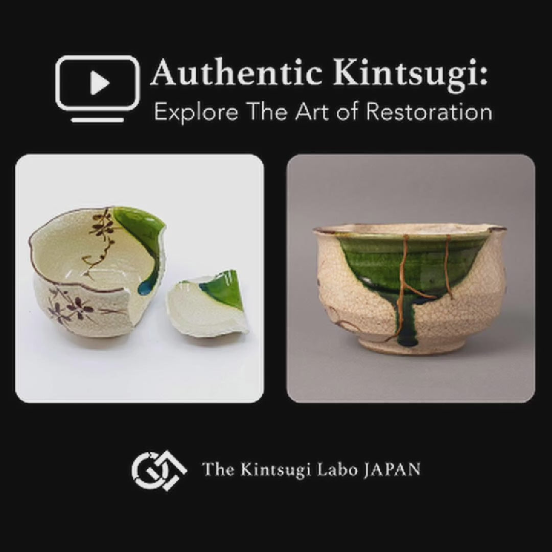 Restoration story of a kintsugi Oribe matcha bowl, from broken fragments to gold-lined wholeness through four months of urushi lacquer work.