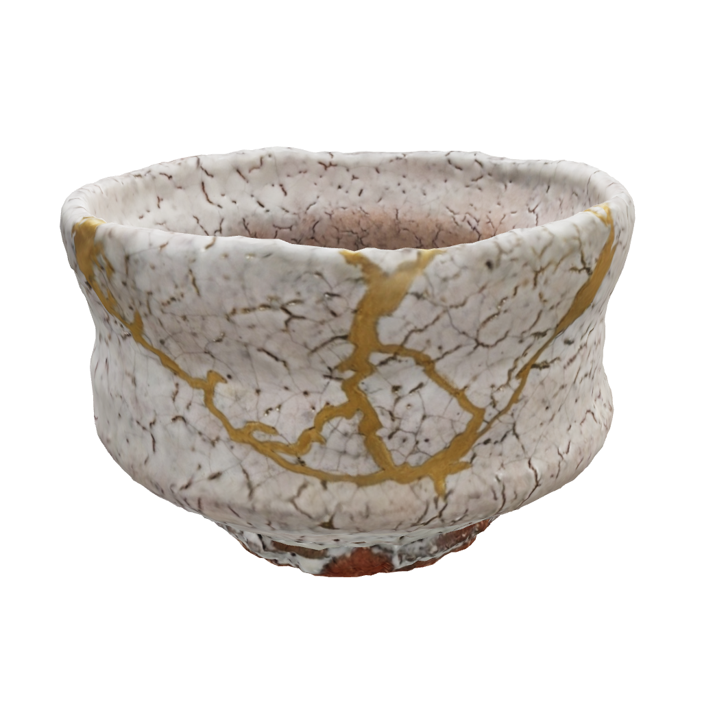 A 3D Kintsugi tea bowl decorated with 24k gold powder, embodying the beauty in imperfection as Wabi Sabi.