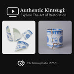Work-scene video of a Ko-Imari sometsuke sake cup being restored by kintsugi with natural urushi and 24K gold in the studio.
