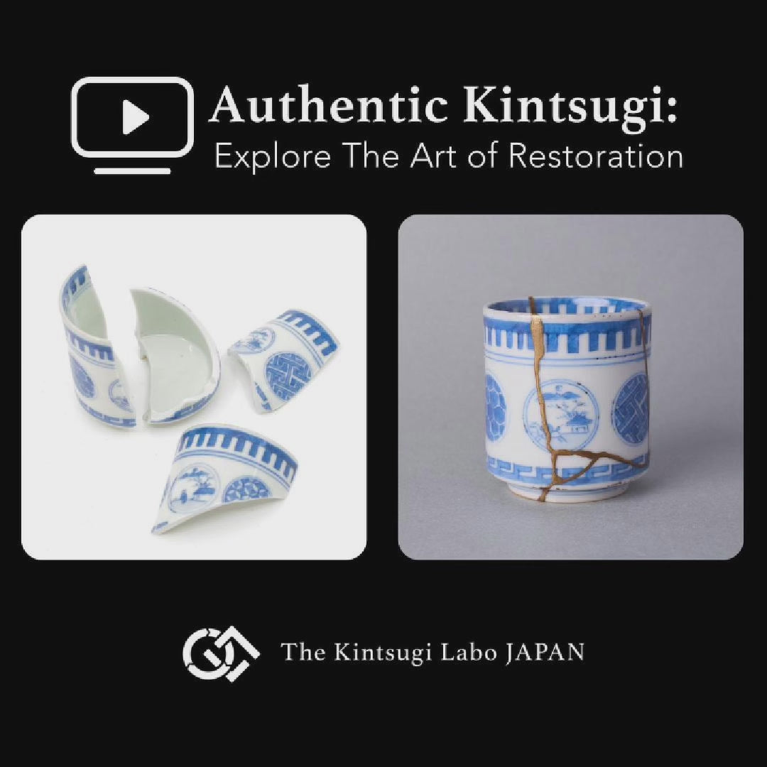 Work-scene video of a Ko-Imari sometsuke sake cup being restored by kintsugi with natural urushi and 24K gold in the studio.
