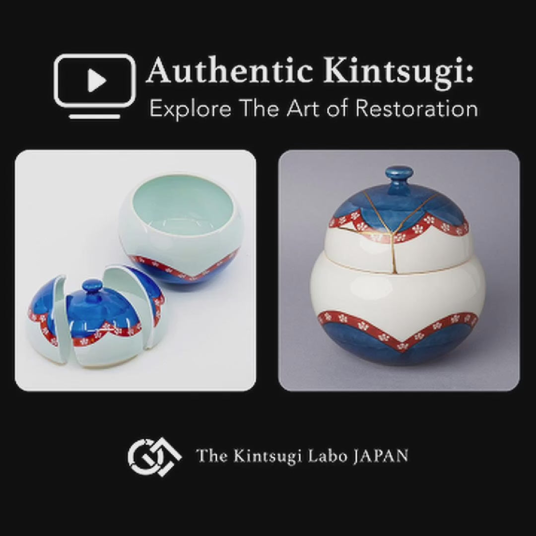 A lacquer artist restoring an Arita ware lidded bowl with natural urushi, 24K gold, and blue colored urushi, showing the kintsugi process in the studio.