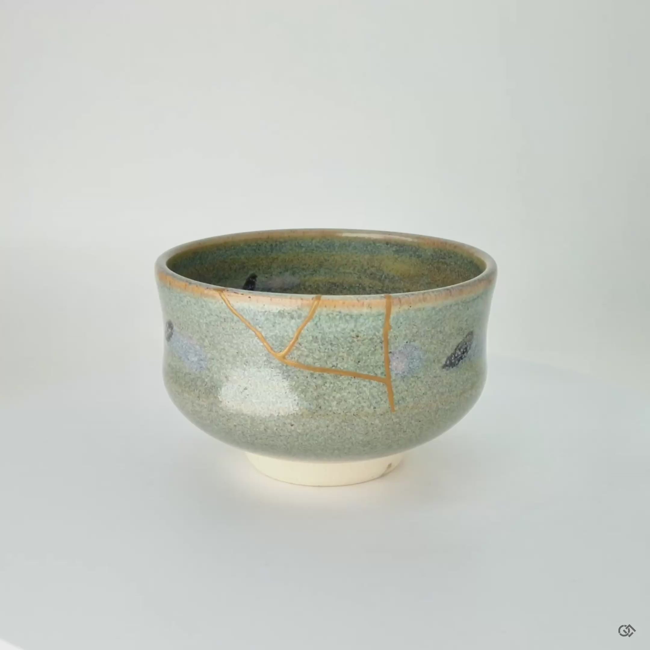 360-degree view of Kyoto kintsugi matcha bowl with 24k gold seams, revealing spiritual elegance from every angle.
