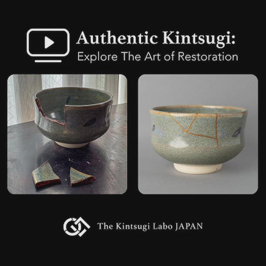Restoration story of Kyoto matcha bowl, transformed through urushi and 24k gold kintsugi into restorative beauty.