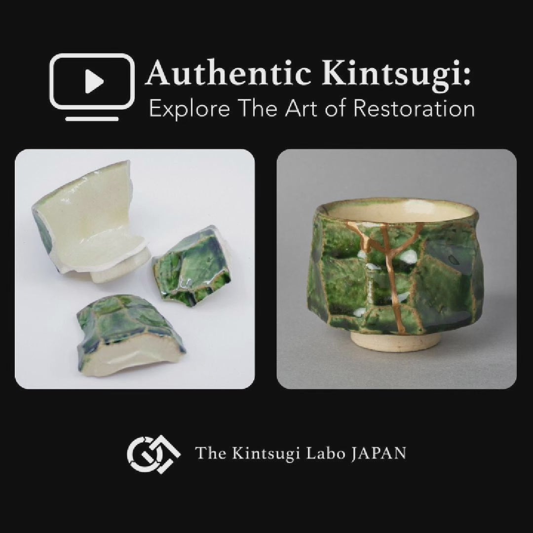Work-scene video of an Oribe sake cup being restored by kintsugi with natural urushi and 24K gold in the studio, from fragments to finished seams.