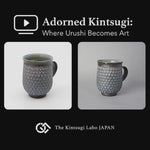 A lacquer artist restoring a Kyoto ware mug with 100% natural urushi and 24K gold, showing the kintsugi process in the studio.
