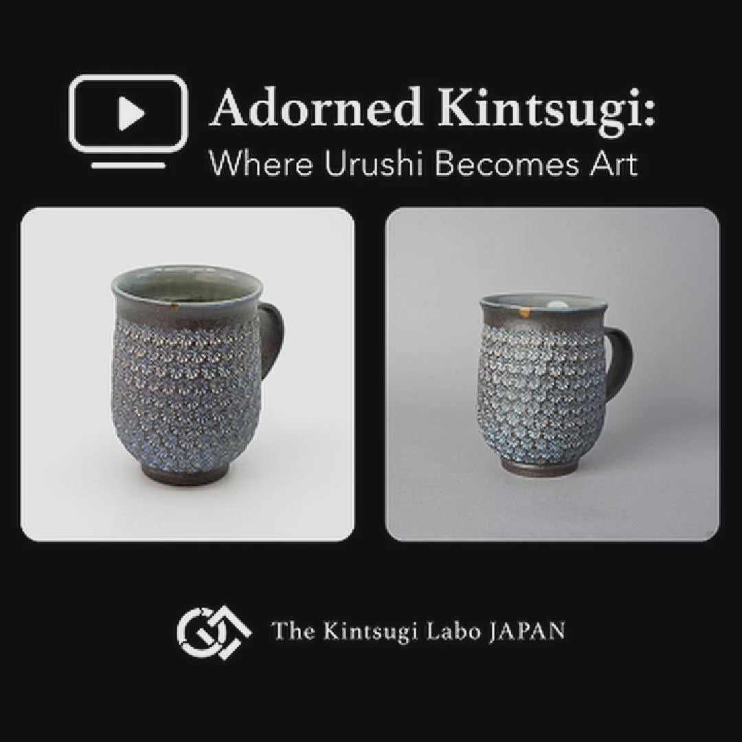 A lacquer artist restoring a Kyoto ware mug with 100% natural urushi and 24K gold, showing the kintsugi process in the studio.