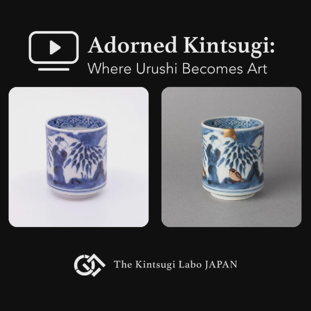 Restoration story of a kintsugi sake cup in Ko-Imari porcelain: the rim chip filled with natural urushi and finished in 24K gold as a sparrow by Saki Moriyama.