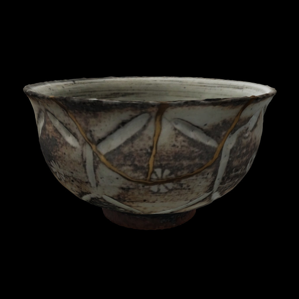 Three-dimensional view of a kintsugi Kyoto ware cup with hori-mishima carving, gold and silver restoration as functional art.