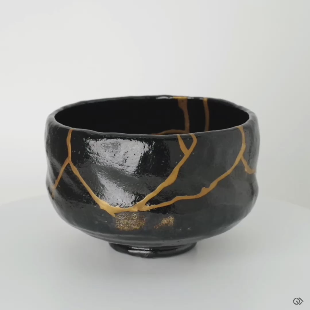 Rotating view of a Kyoto matcha bowl with kintsugi from all angles, a treasured heirloom in gentle motion.