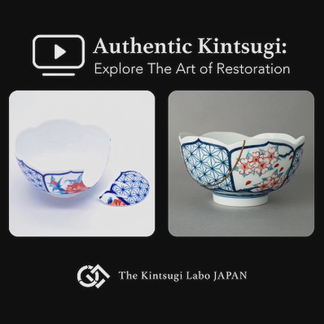 Restoration story of Nabeshima kintsugi matcha bowl, from broken to beautiful through 24k gold and urushi lacquer.
