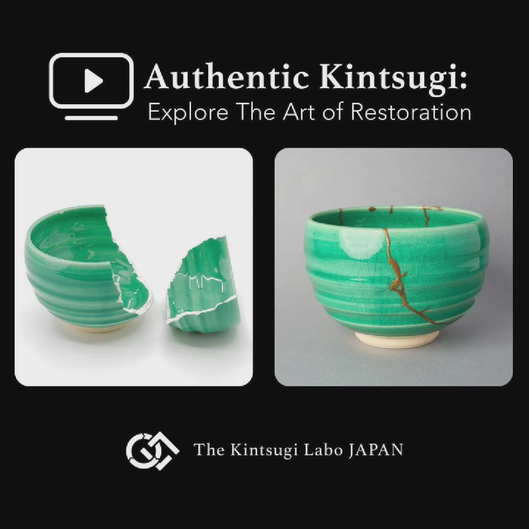 Work-scene video of a Kyoto ware kintsugi matcha bowl being restored with 100% natural urushi and 24K gold by a lacquer artist in Japan.