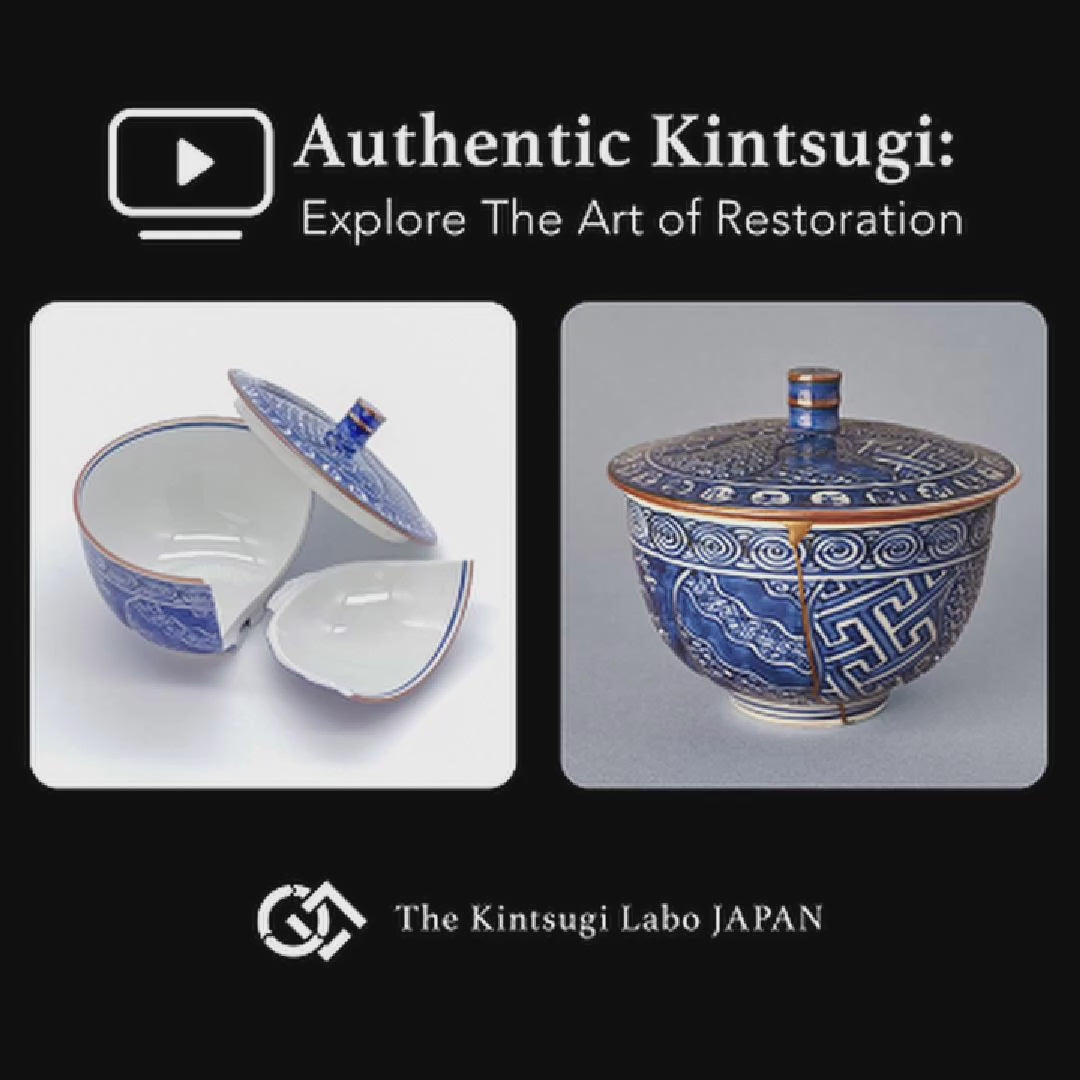 Restoration story video of the Kyoto ware cup, showing natural urushi layering and 24K gold finishing of the kintsugi seam from rim to foot.