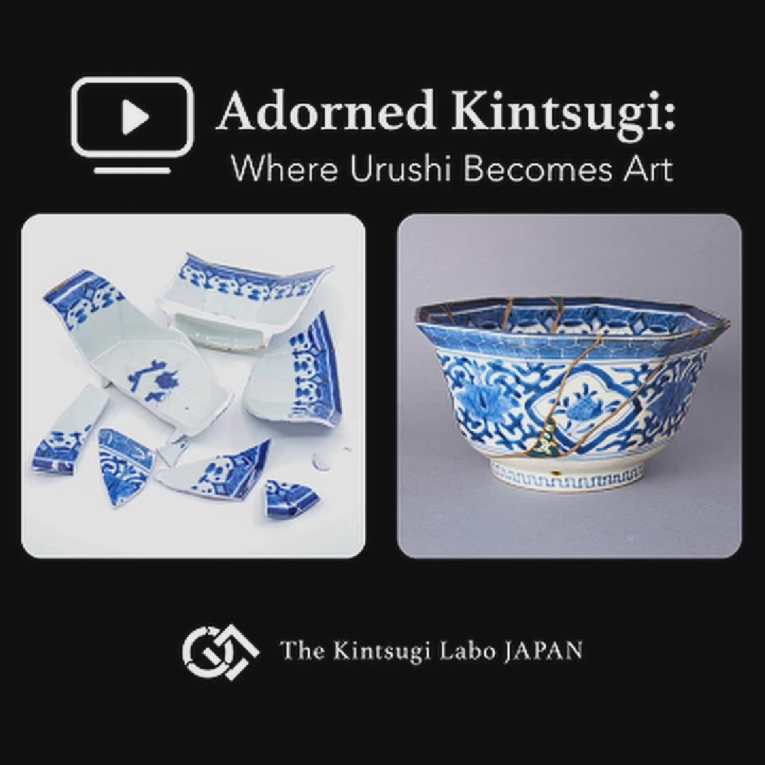 Restoration-story video of the Ko-Imari bowl, tracing its four-month kintsugi in 100% natural urushi with 24K gold, pure silver, green colored urushi and raden mother-of-pearl by Keiko Hata.
