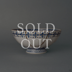 Sold out: kintsugi Kyoto ware rice bowl with sometsuke blue bands and 24K gold seams, restored in natural urushi lacquer.