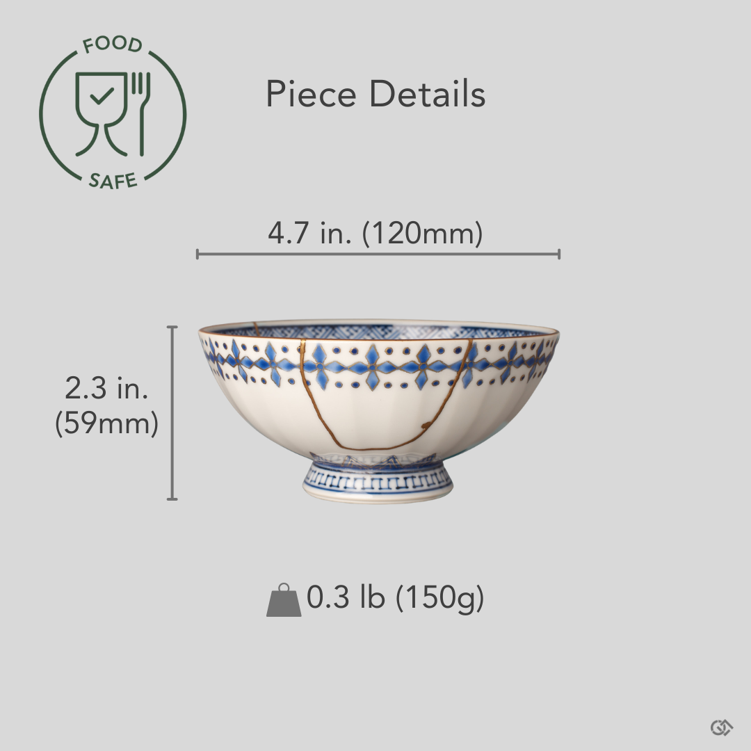 Kintsugi Kyoto rice bowl with diameter, height and weight measurements overlaid on the front view, gold seams across sometsuke blue, heritage luxury.