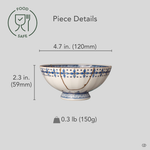 Kintsugi Kyoto rice bowl with diameter, height and weight measurements overlaid on the front view, gold seams across sometsuke blue, heritage luxury.