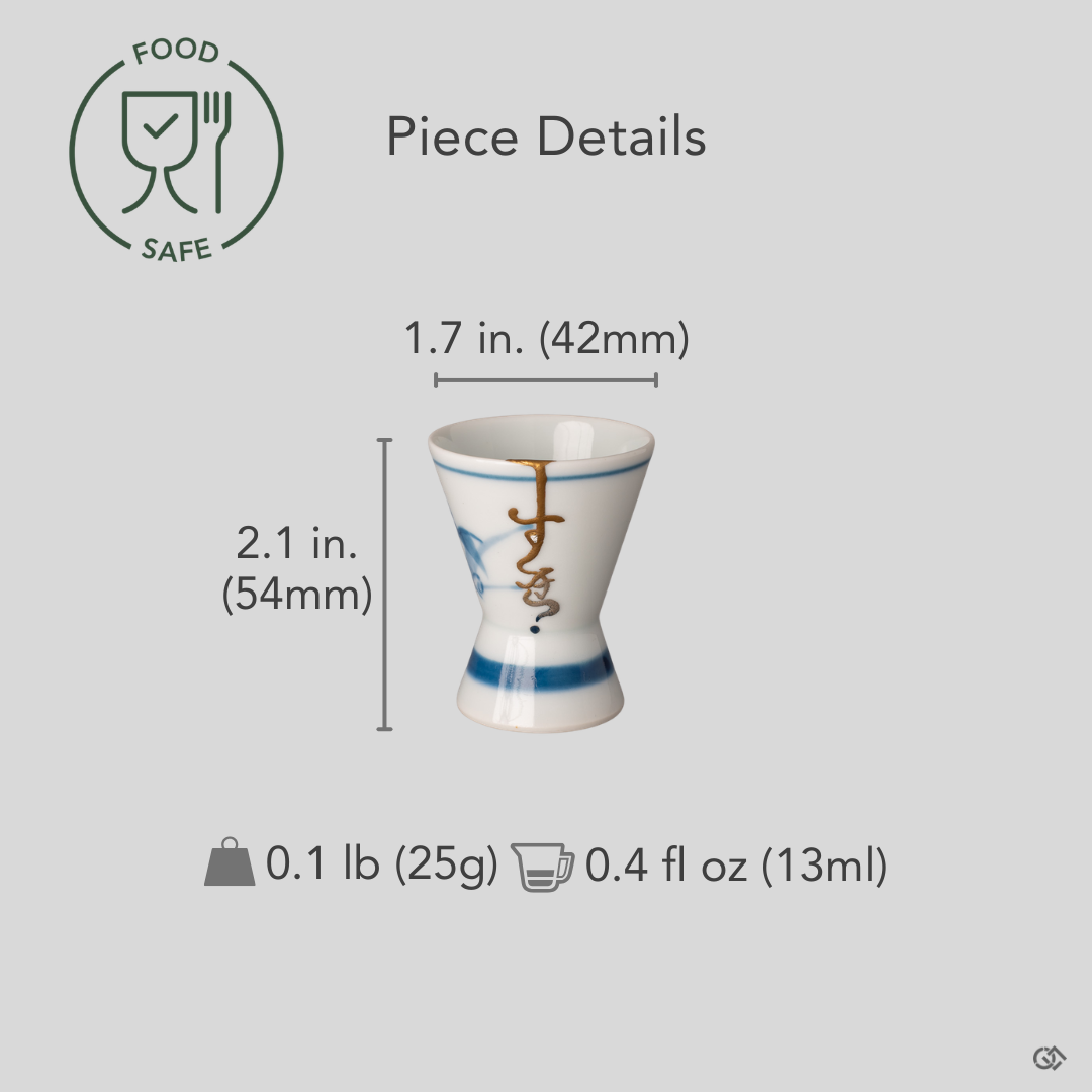 Kintsugi Ko-Imari sake cup with dimensions and weight overlaid on front view, gold seam visible on sometsuke porcelain.