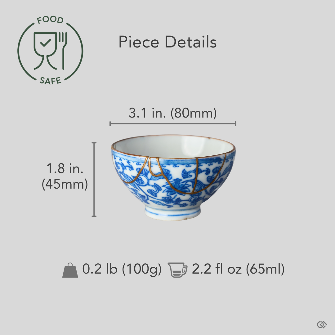 Size reference for a food-safe kintsugi Ko-Imari sake cup restored with natural urushi and 24K gold: 3.1 in. wide, 1.8 in. tall, 0.2 lb, 2.2 fl oz.