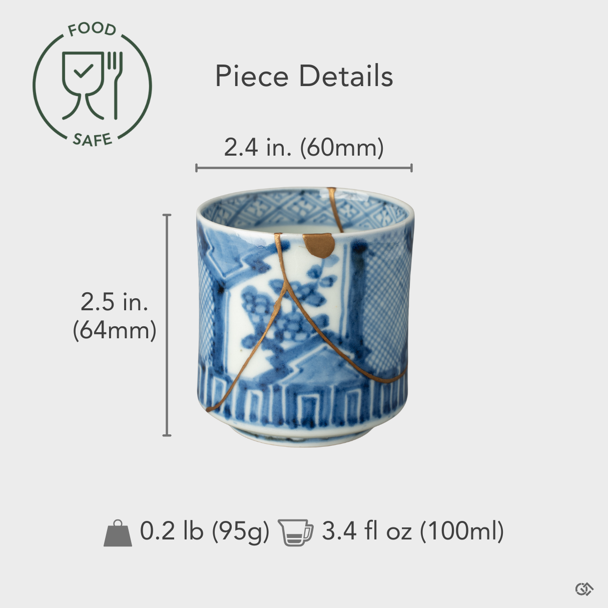 Size comparison image of the Ko-Imari kintsugi cup; a one-of-a-kind, museum-worthy craftsmanship piece.