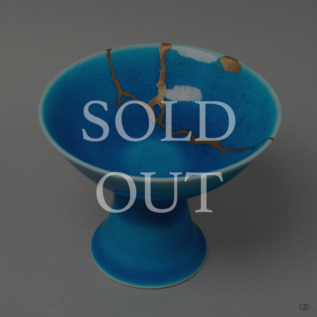 Authentic Japanese Kintsugi cup, hand-repaired with urushi and gold, marked Sold Out.