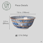Size reference view of the twenty-centimeter Kyoto ware kintsugi serving bowl in hand-painted sometsuke blue with its branching 24K gold restored seam.