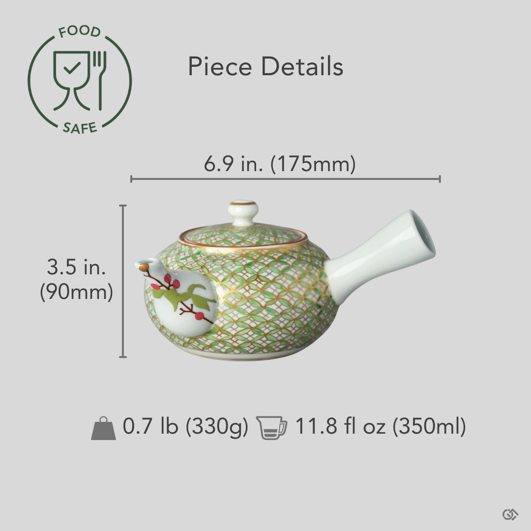 Kyoto ware kintsugi teapot in white porcelain with a gold and green shippo pattern and 24K gold spout restoration, shown with dimensions for scale reference.