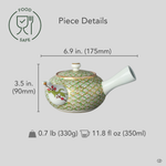 Kyoto ware kintsugi teapot in white porcelain with a gold and green shippo pattern and 24K gold spout restoration, shown with dimensions for scale reference.