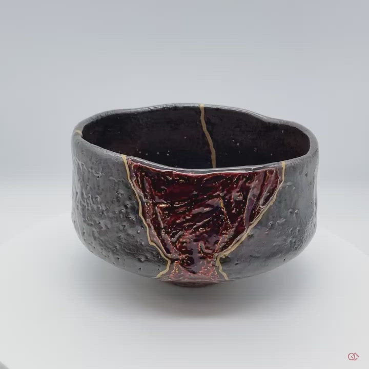 Unique Kintsugi Matcha bowl, Raku Black, w/Red Decoration