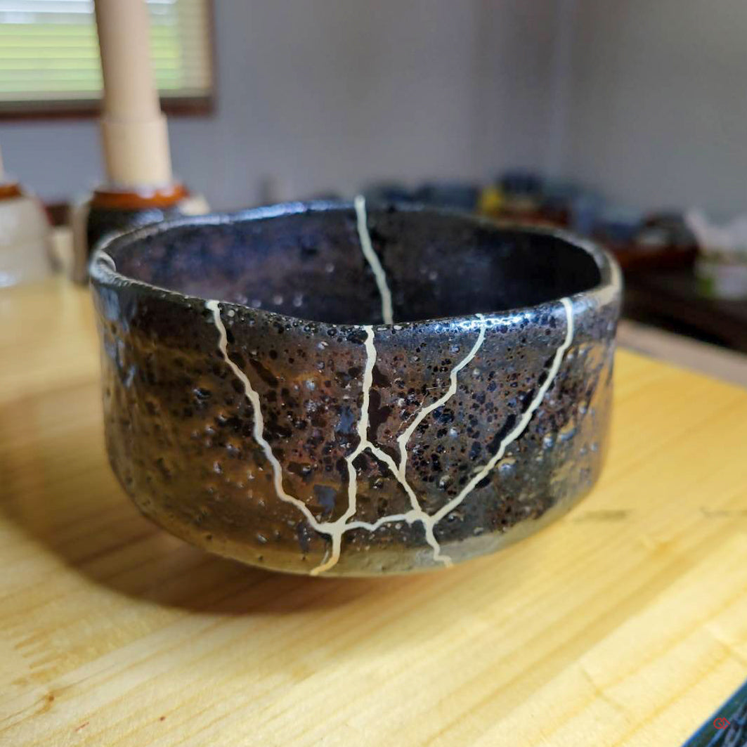Unique Kintsugi Matcha bowl, Raku Black, w/Red Decoration
