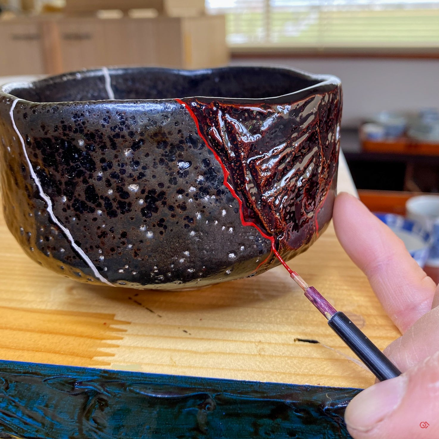 Unique Kintsugi Matcha bowl, Raku Black, w/Red Decoration