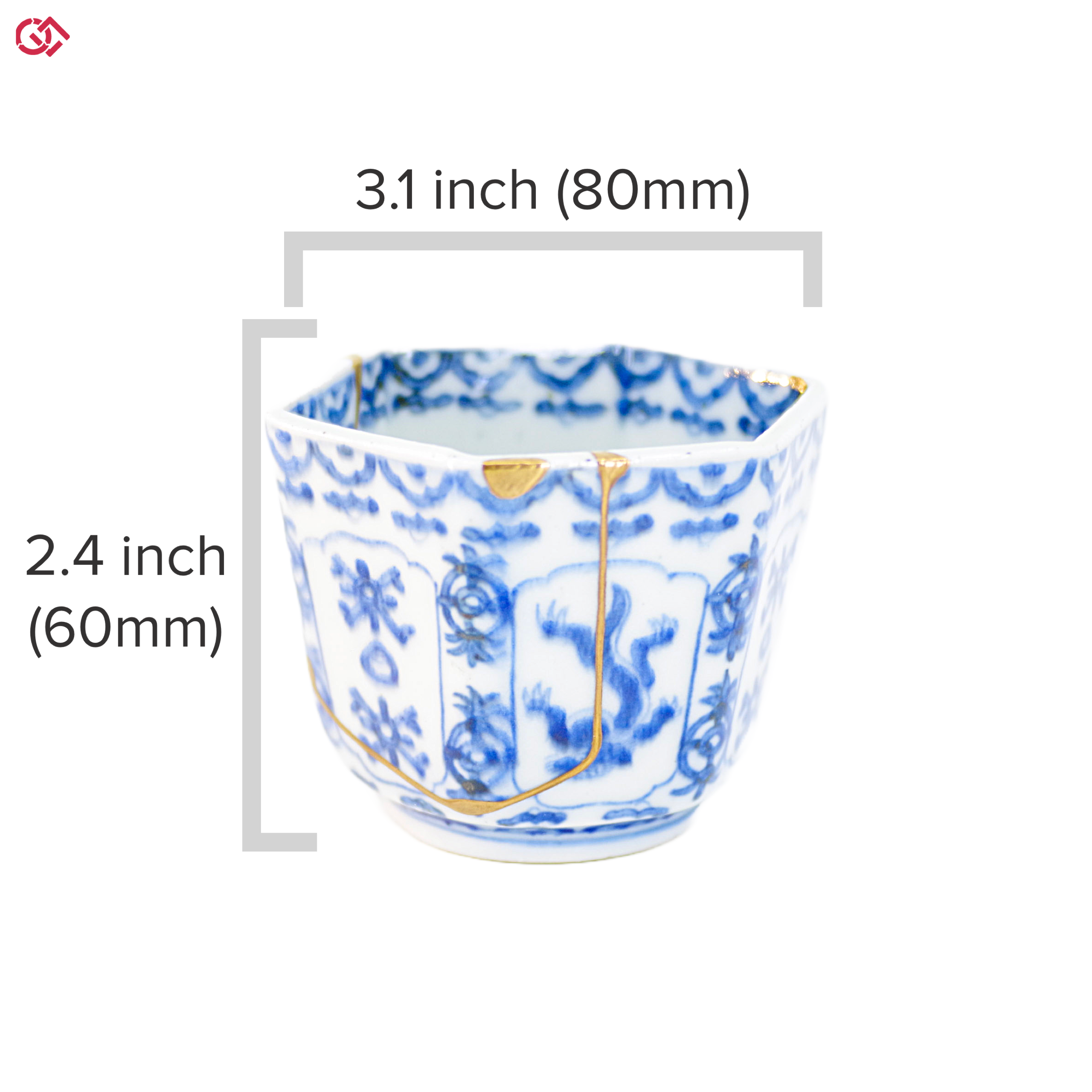 Kintsugi pottery cup with diameter and height description