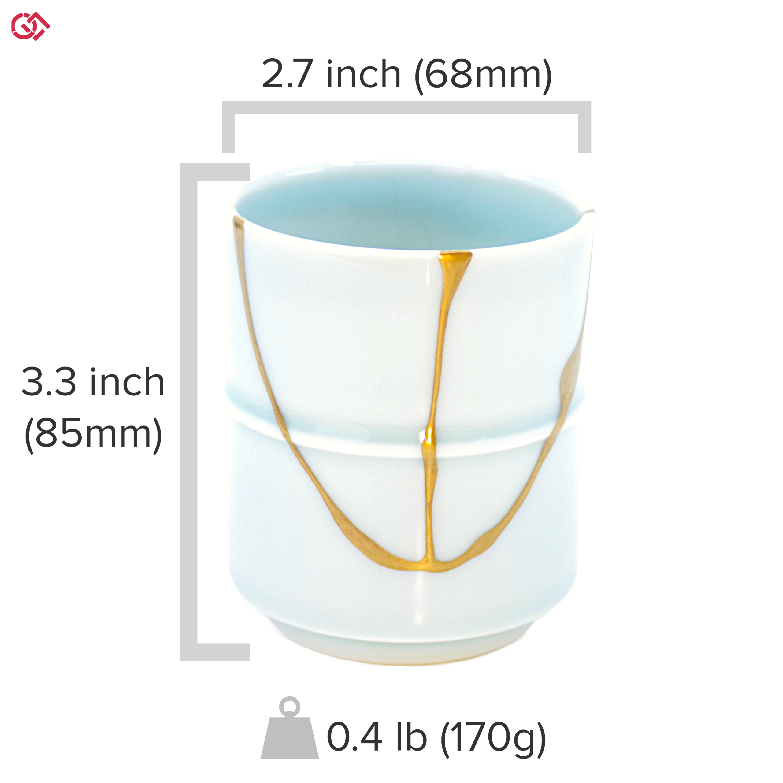 Authentic Kintsugi pottery with diameter and height description