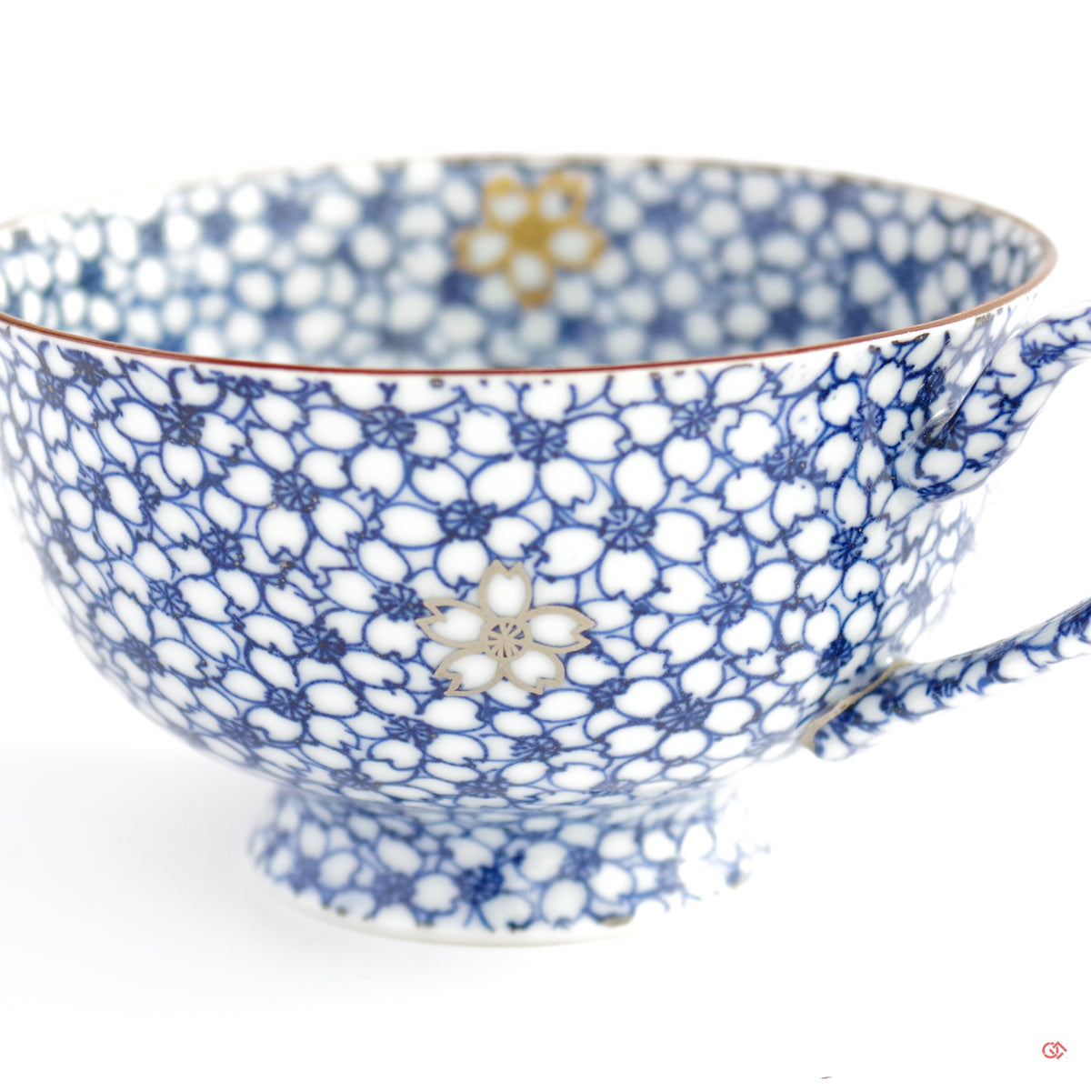 Unique Kintsugi Coffee Cup & Saucer, Sometsuke Cherry Flower w/Maki-e Platinum